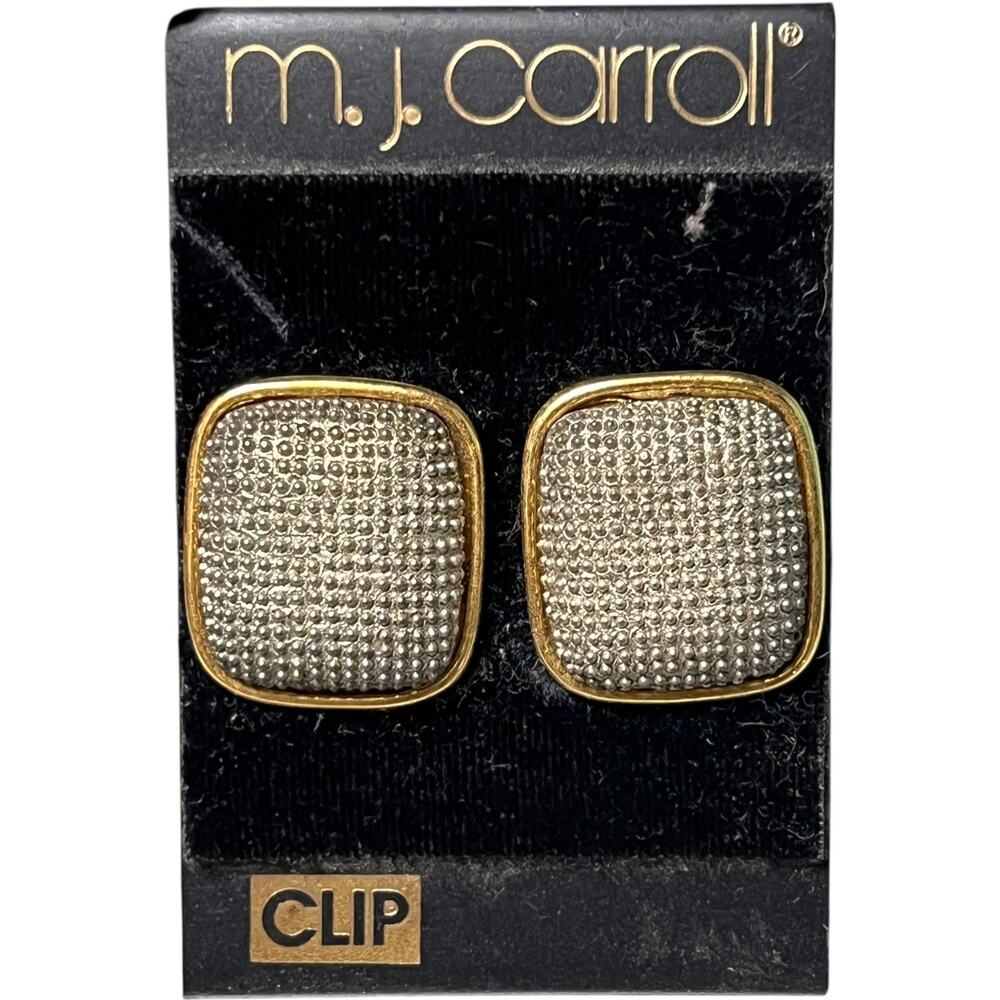 Vintage MJ Carroll Gold Tone Crystal Rhinestone Square Clip Earrings